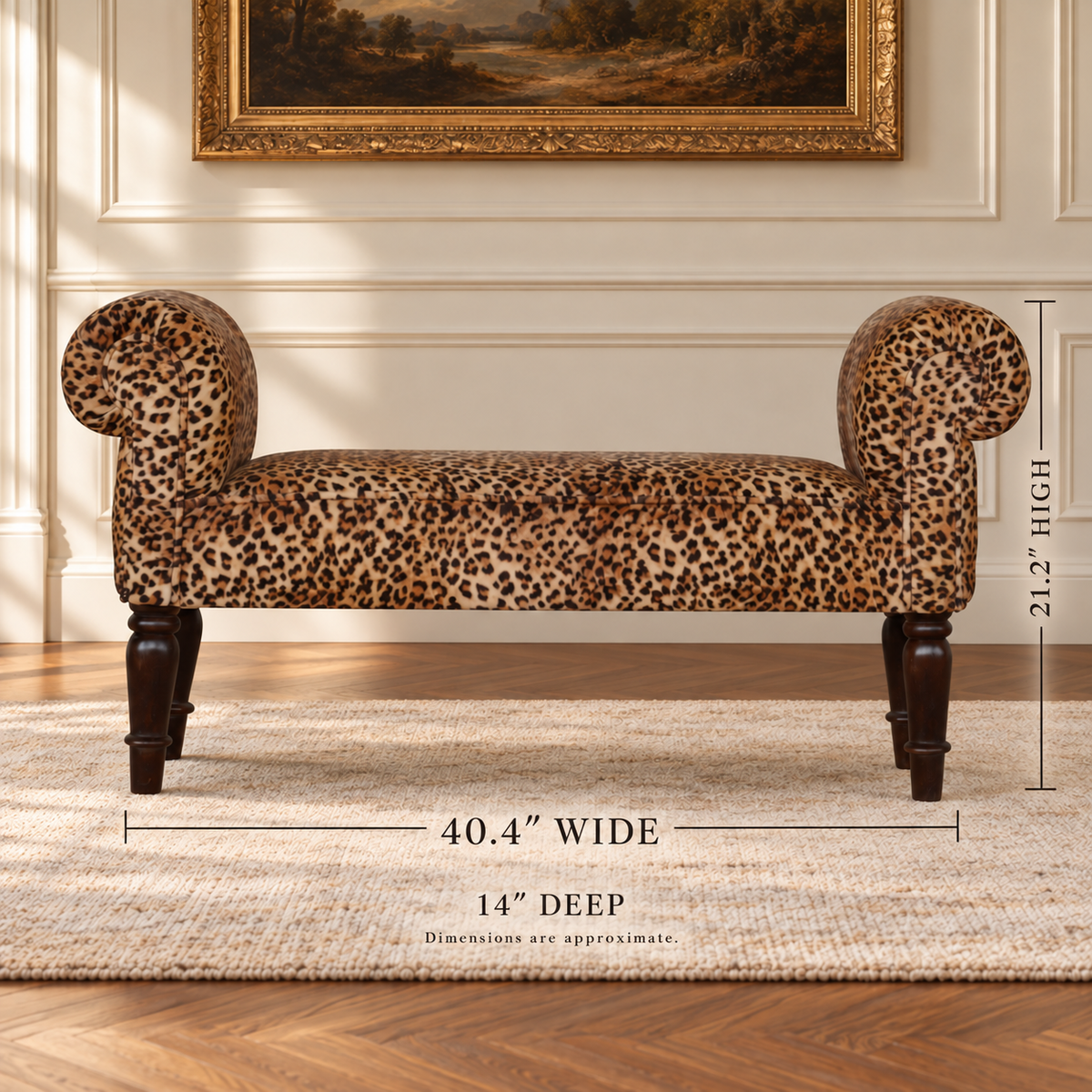 Leopard-print velvet bench with approximate dimensions: 40.4 inches wide, 14 inches deep, and 21.2 inches high.