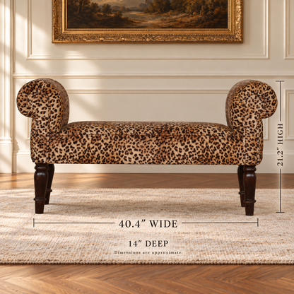 Leopard-print velvet bench with approximate dimensions: 40.4 inches wide, 14 inches deep, and 21.2 inches high.