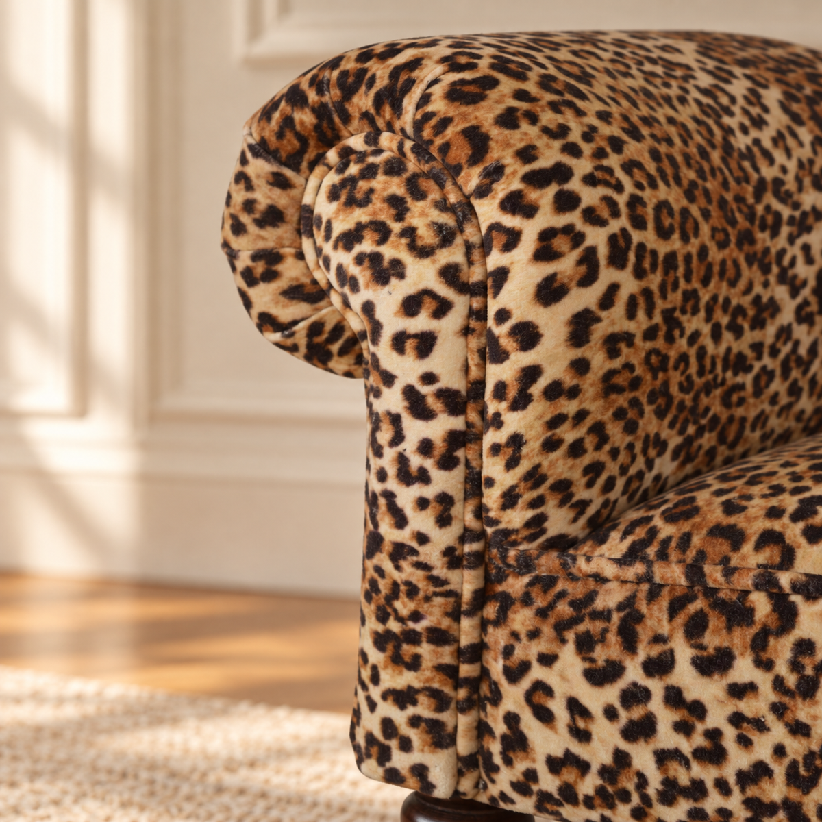 Close-up of the bench’s rolled arm, showing leopard-print velvet upholstery and curved piping detail.