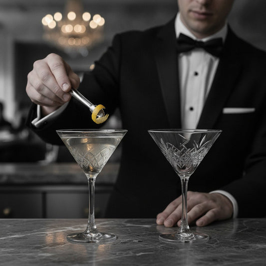 Bartender adding a lemon twist garnish to a martini in a diamond-faceted cocktail glass beside a matching empty glass in a luxury bar setting.
