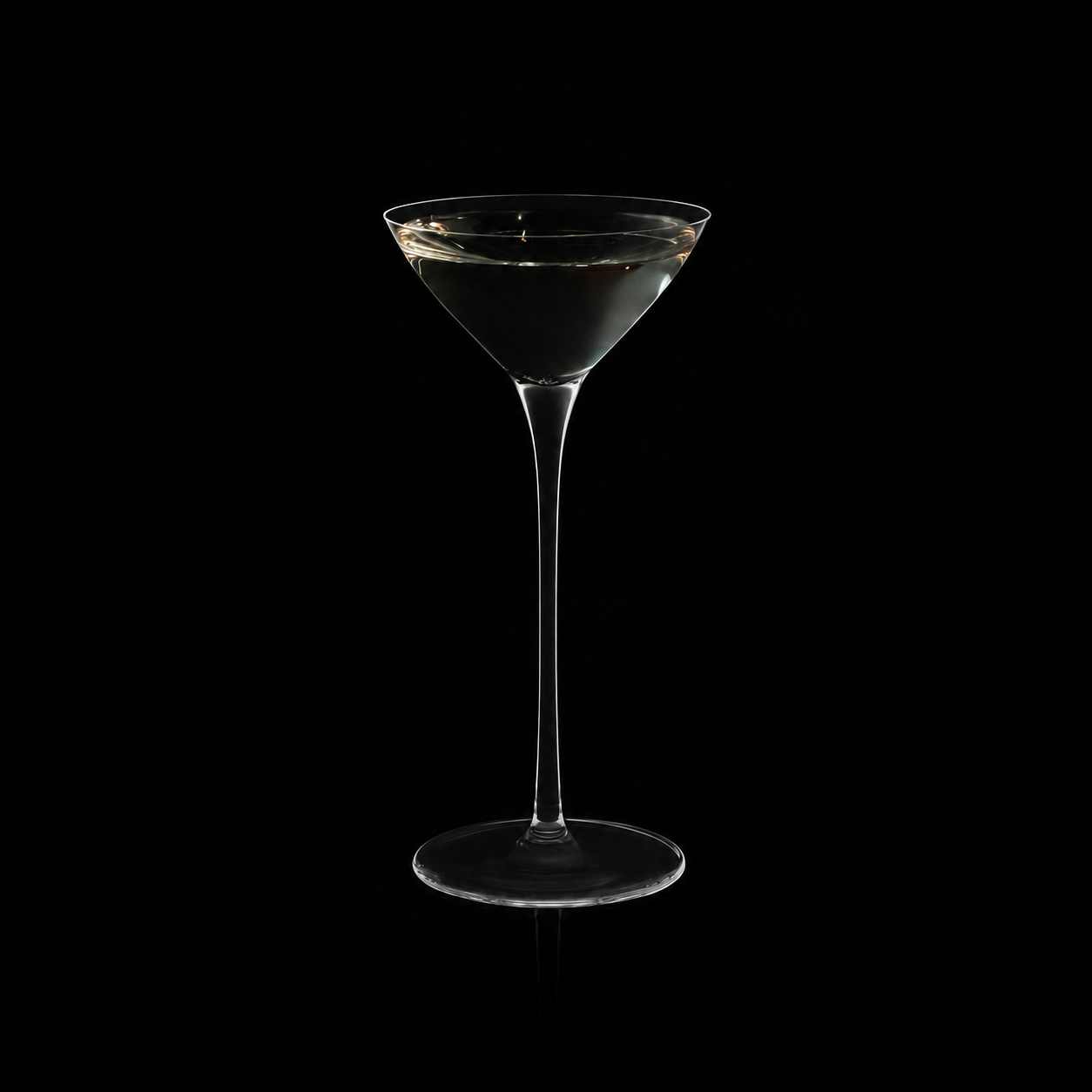 Single two-sip martini glass with clear cocktail on black background