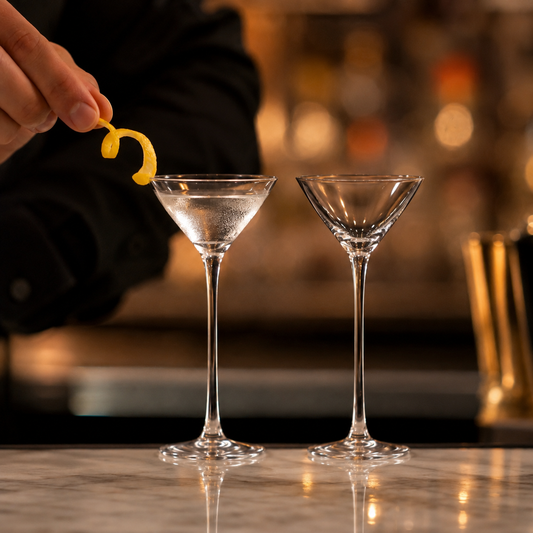 Two small martini glasses in luxury bar with lemon twist garnish