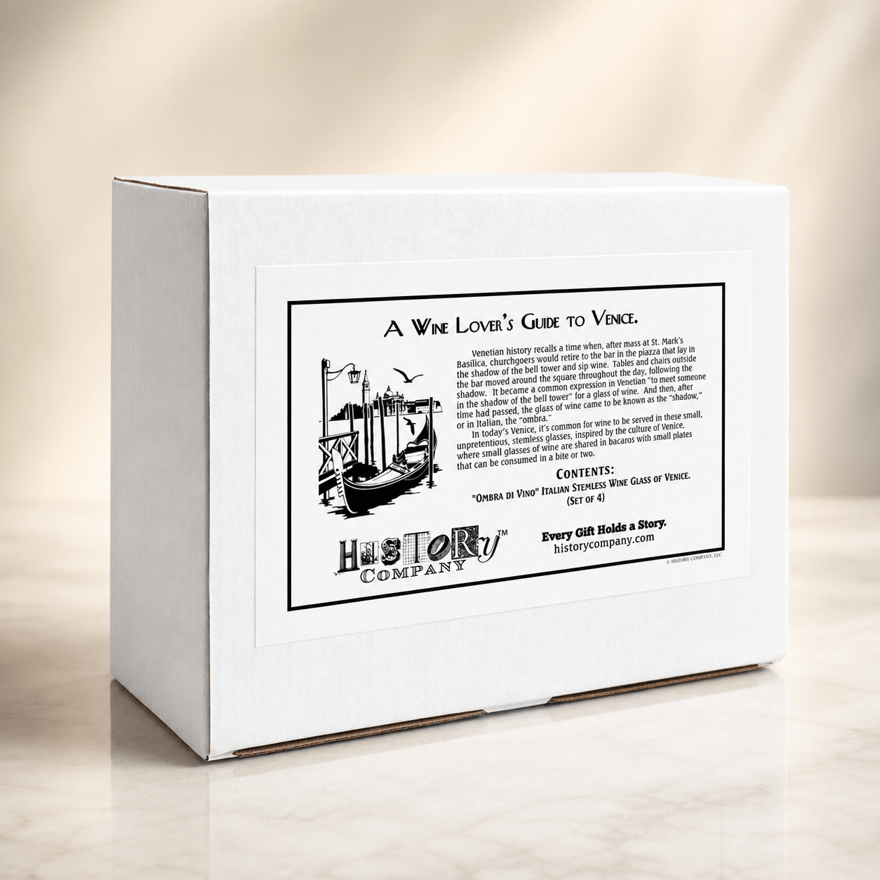 "Ombra di Vino" Traditional Italian Stemless Wine Glass of Venice, 4 - Piece Set (Gift Box Collection) - HISTORY COMPANY