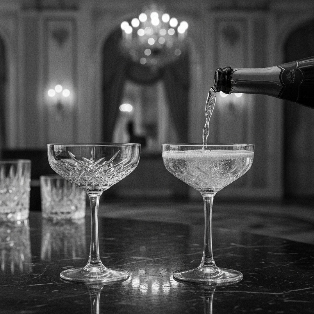 “Party of the Century” Cocktail Coupe Glass – Black and White Ball-Inspired, 2-Piece Set (Gift Box Collection) - HISTORY COMPANY