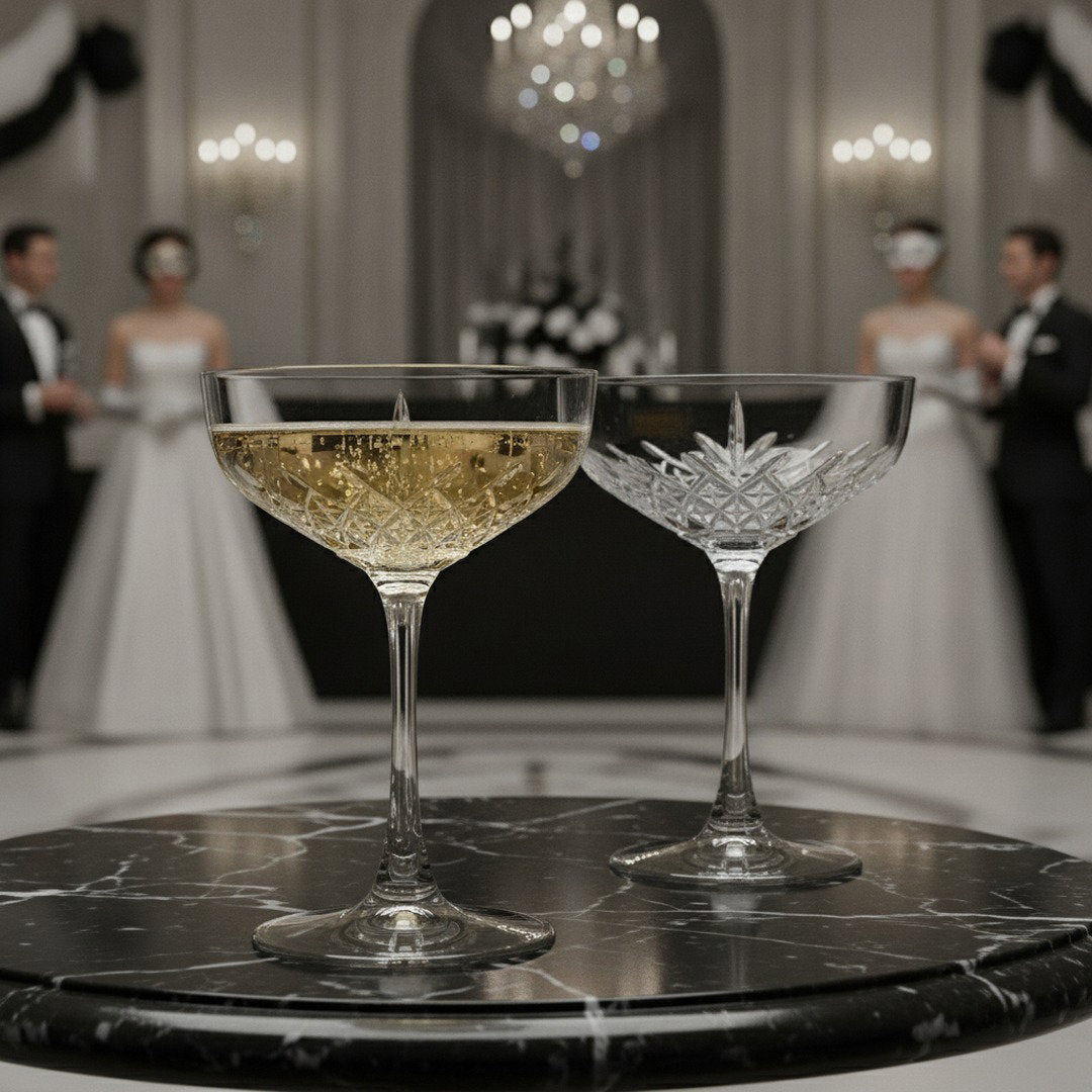 “Party of the Century” Cocktail Coupe Glass – Black and White Ball-Inspired, 2-Piece Set (Gift Box Collection) - HISTORY COMPANY