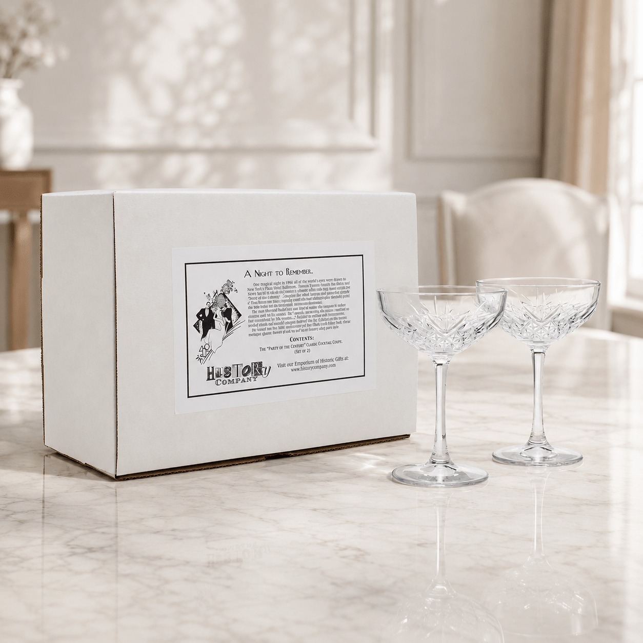 “Party of the Century” Cocktail Coupe Glass – Black and White Ball-Inspired, 2-Piece Set (Gift Box Collection) - HISTORY COMPANY