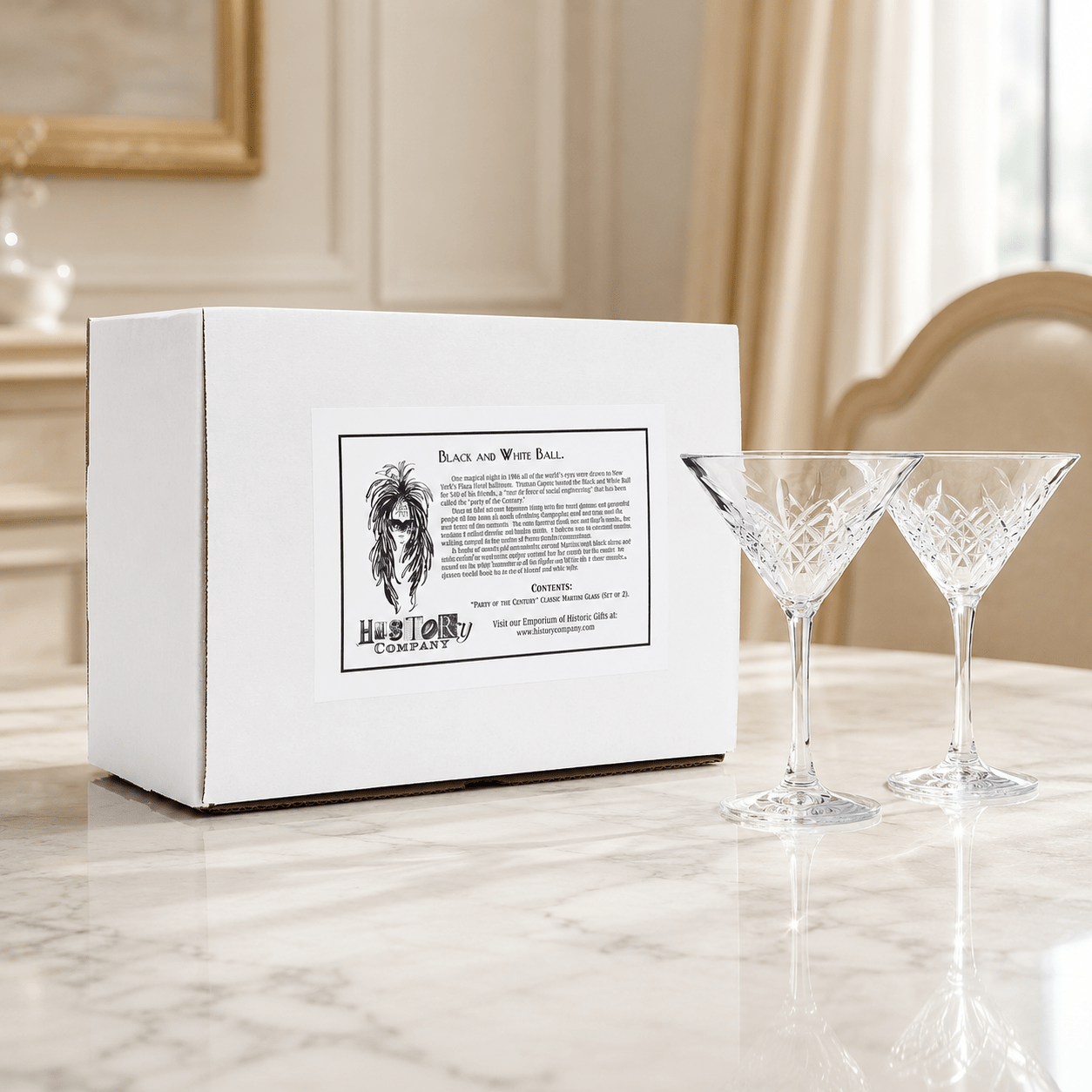 “Party of the Century” Martini Glass – Black and White Ball-Inspired, 2-Piece Set (Gift Box Collection) - HISTORY COMPANY