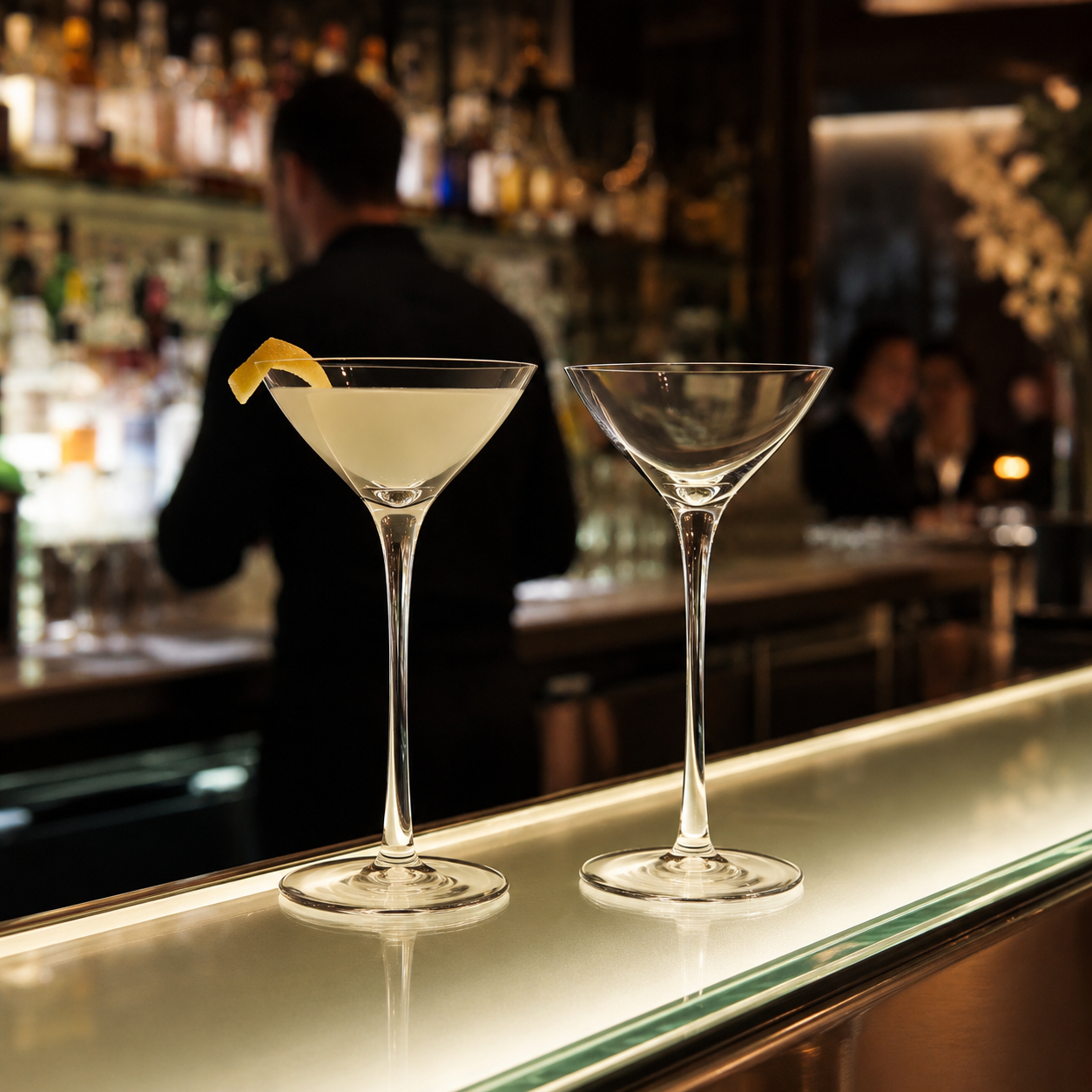 Two petite martini glasses on illuminated luxury bar counter