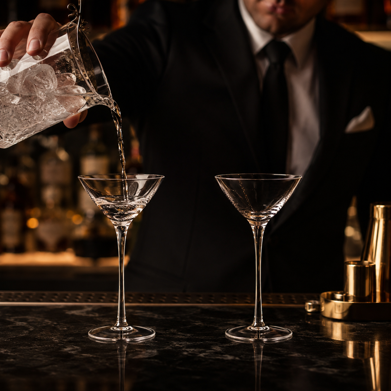 Bartender pouring chilled martini into small cocktail glasses at bar