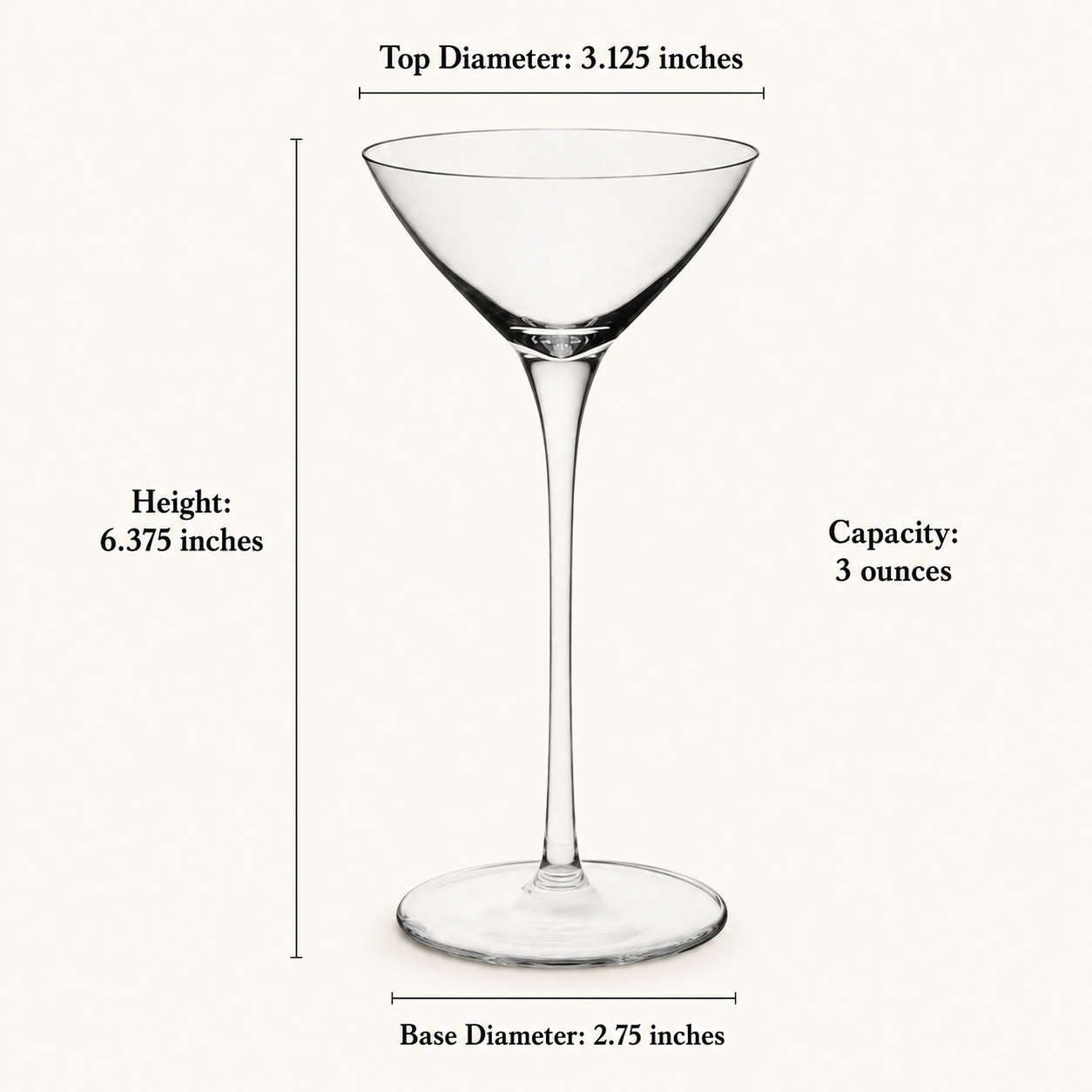 Petite two-sip martini glass with 3 oz capacity and dimensions