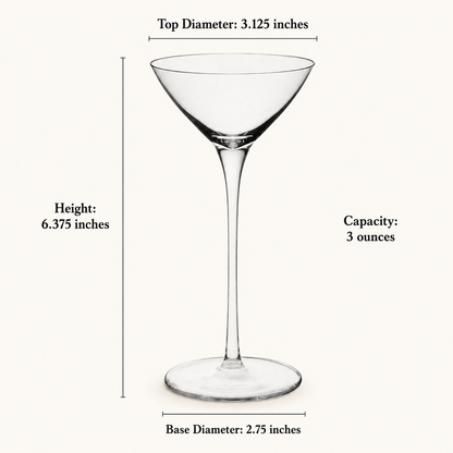 Petite two-sip martini glass with 3 oz capacity and dimensions