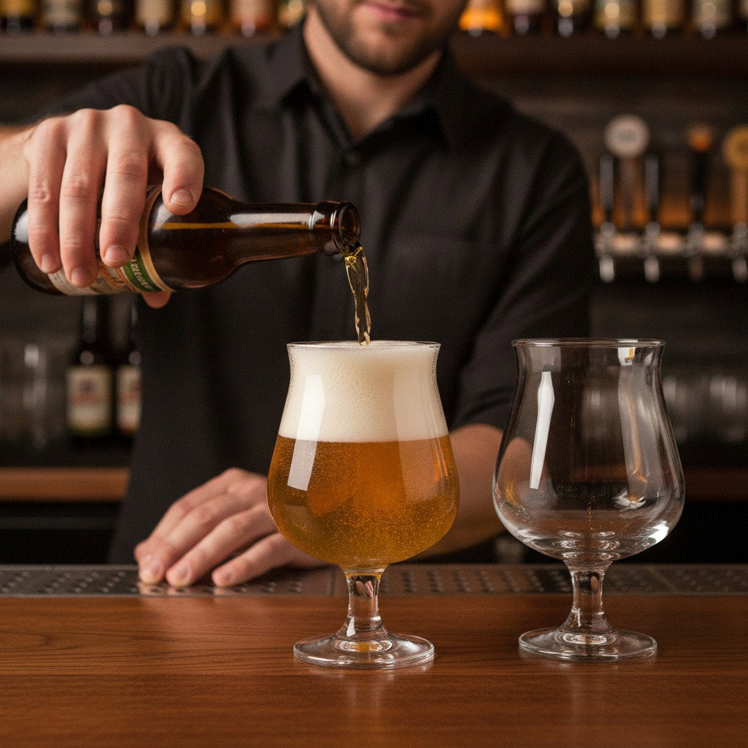 Bartender pouring golden beer into professional Belgian beer glassware at a pub