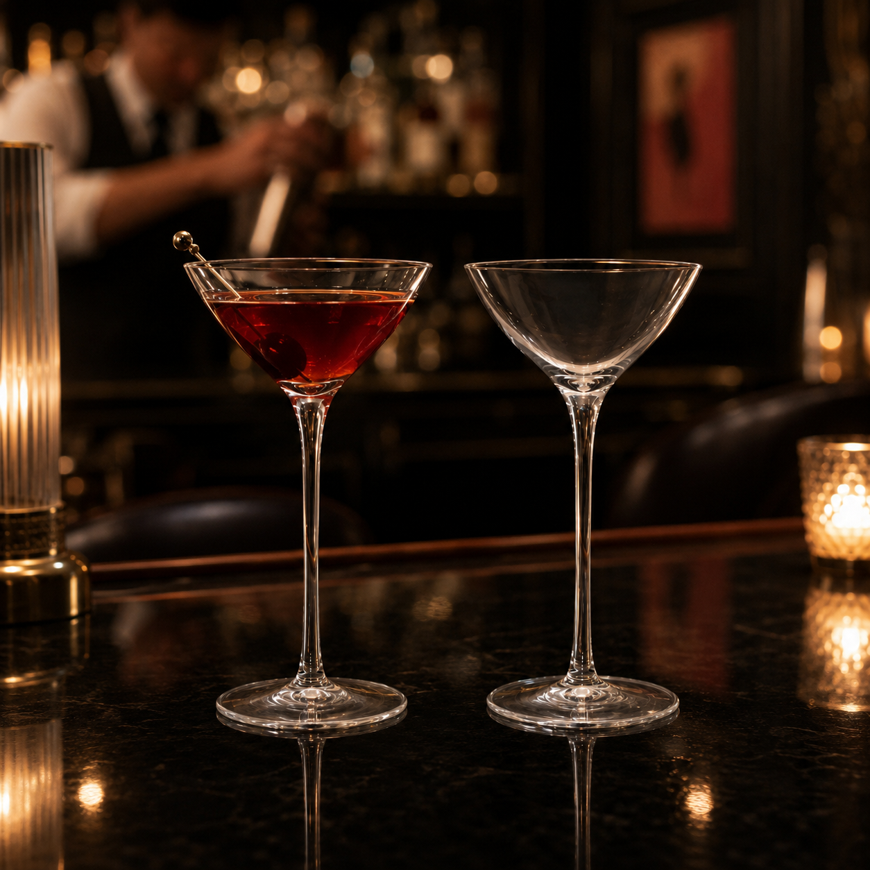 Two 3 ounce martini glasses in luxury bar with red cocktail garnish