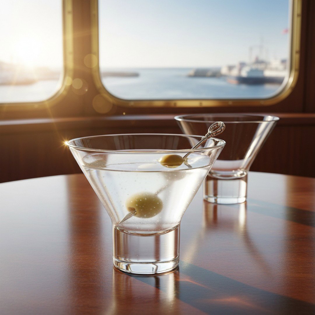 SS France “Bar de l’Atlantique” Stemless Martini Glass, 1962 Ocean Liner 2 - Piece Set (Gift Box Collection) - HISTORY COMPANY