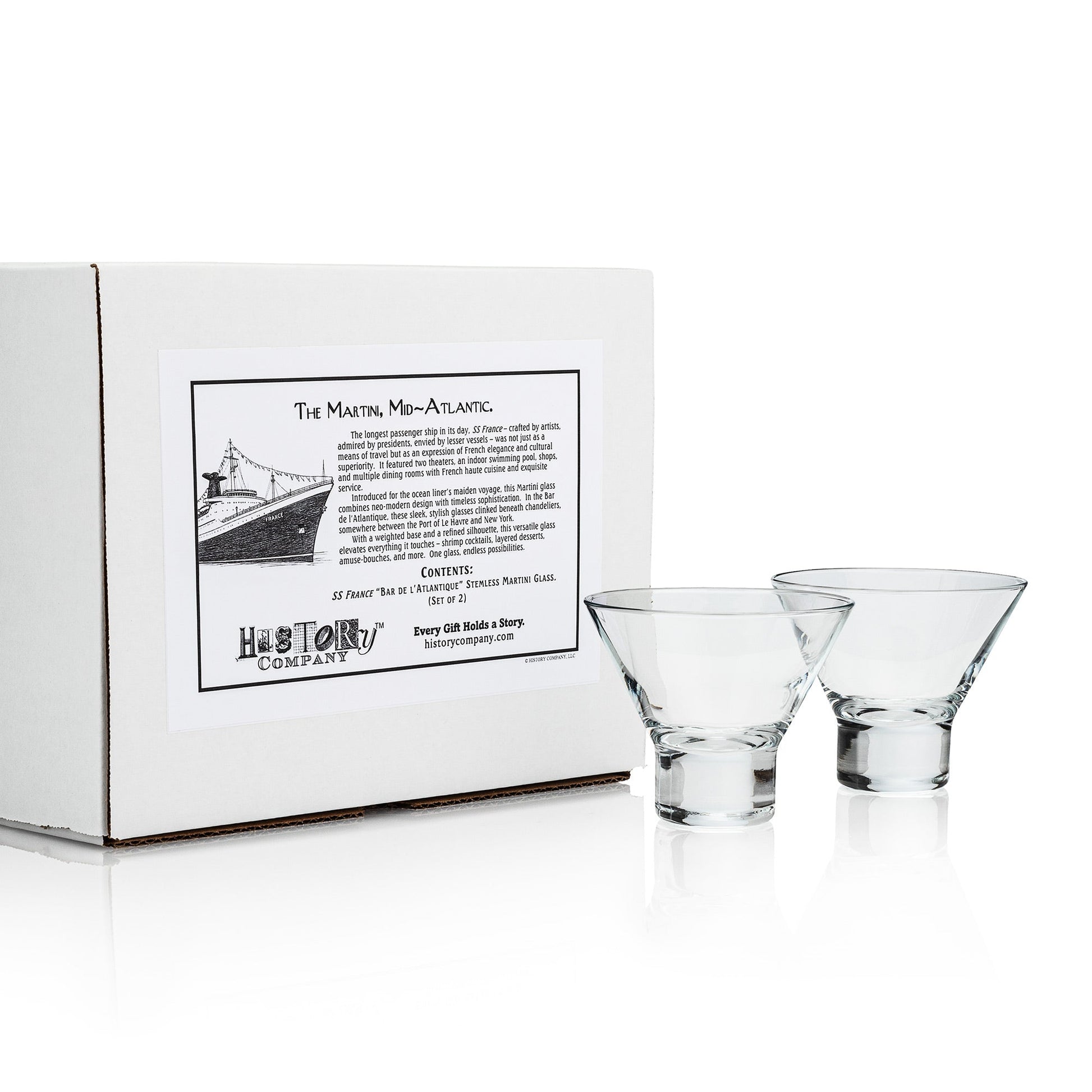 SS France “Bar de l’Atlantique” Stemless Martini Glass, 1962 Ocean Liner 2 - Piece Set (Gift Box Collection) - HISTORY COMPANY