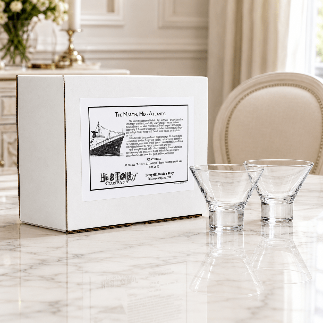 SS France “Bar de l’Atlantique” Stemless Martini Glass, 2-Piece Set (Gift Box Collection) - HISTORY COMPANY