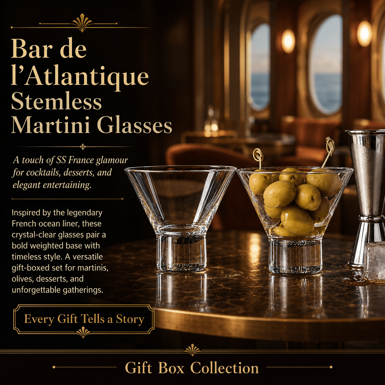 SS France “Bar de l’Atlantique” Stemless Martini Glass, 2-Piece Set (Gift Box Collection) - HISTORY COMPANY
