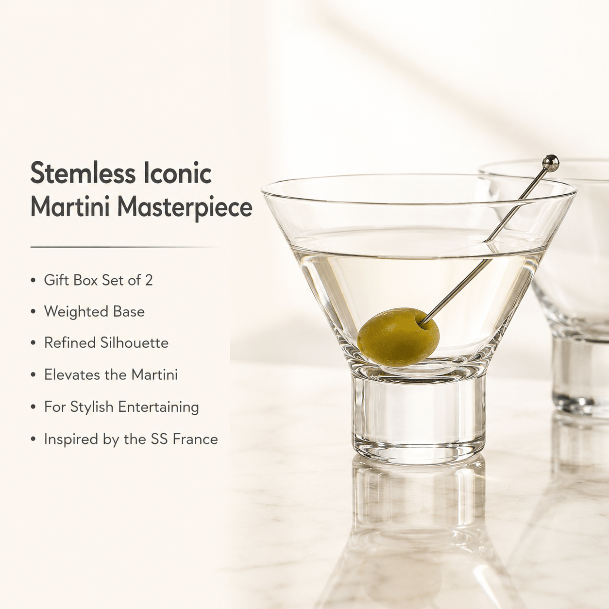 SS France “Bar de l’Atlantique” Stemless Martini Glass, 2-Piece Set (Gift Box Collection) - HISTORY COMPANY