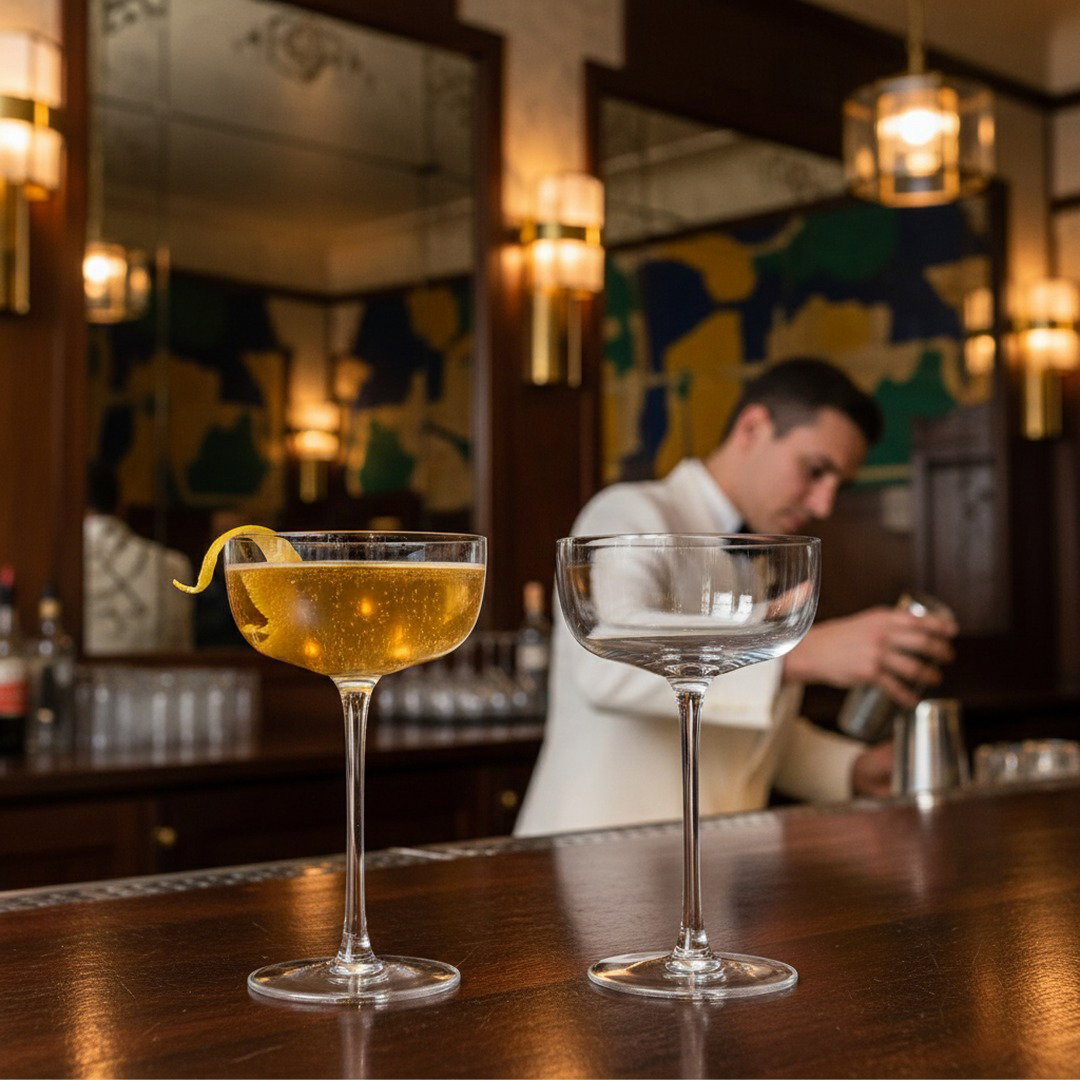 Premium coupe glass for craft cocktails, sparkling drinks, and barware displays.