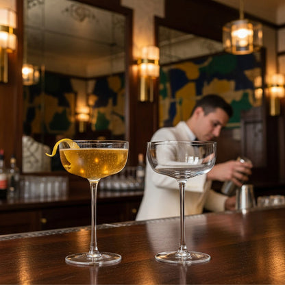 Premium coupe glass for craft cocktails, sparkling drinks, and barware displays.