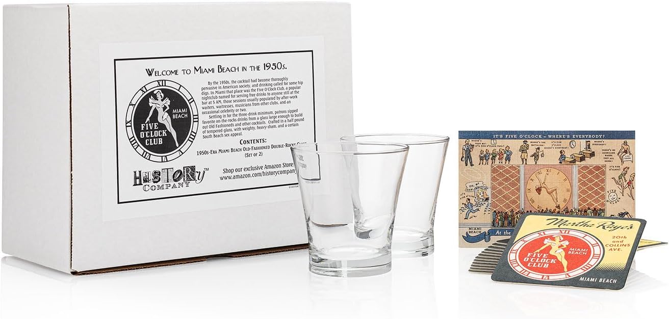HISTORY COMPANY - Miami Beach “Five O’Clock Club” Double Rocks Glasses, Set of 2 – Vintage-style whiskey & cocktail tumblers. 