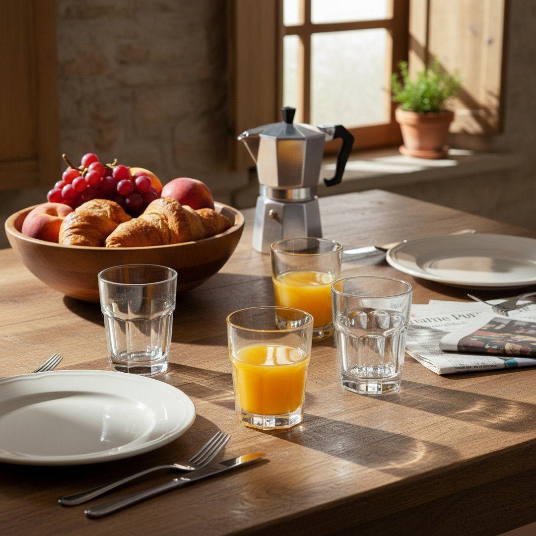 Stackable Italian tumblers with red wine in warm dining setting
