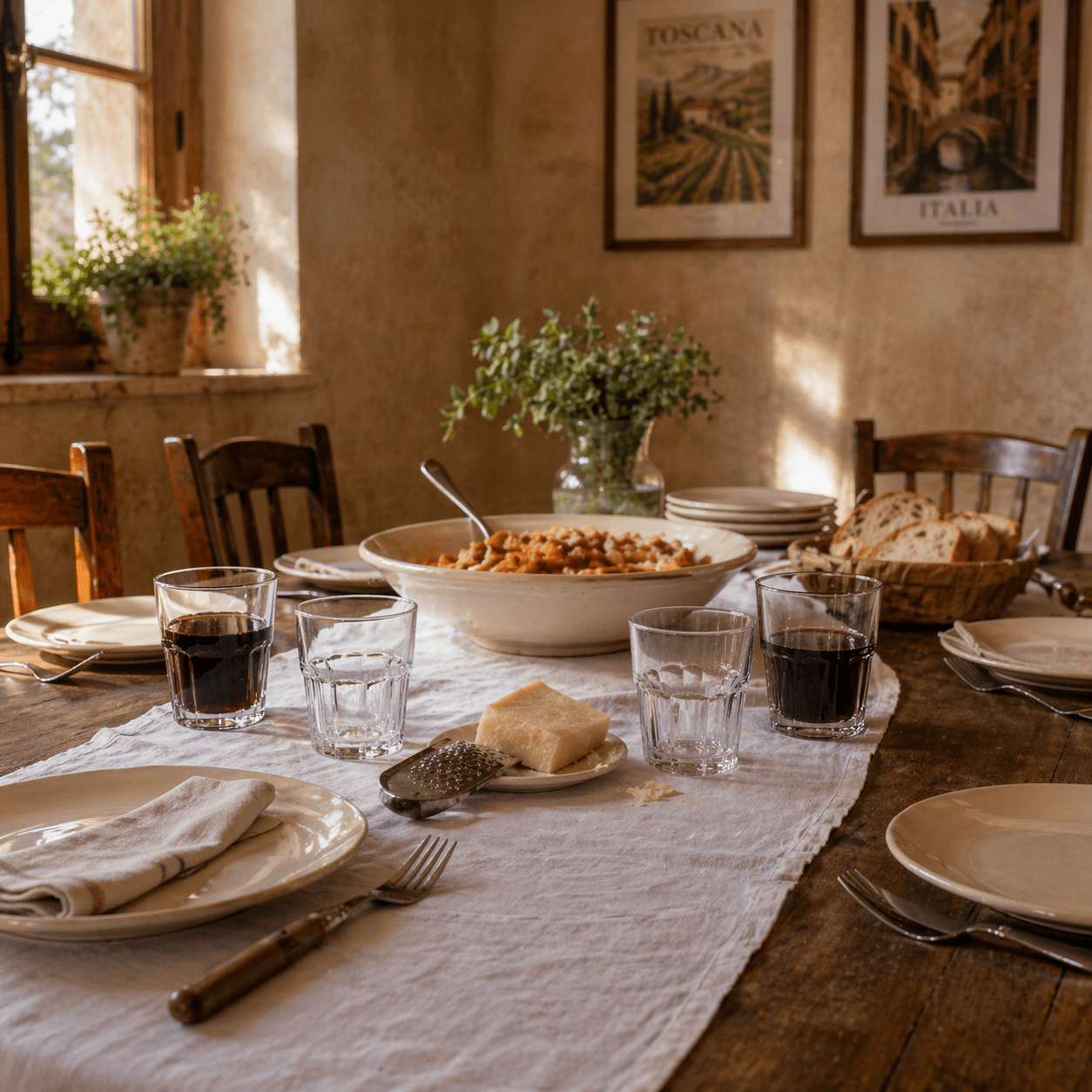 Rustic Italian dinner table with red wine tumblers and bread