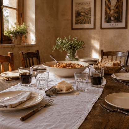 Rustic Italian dinner table with red wine tumblers and bread