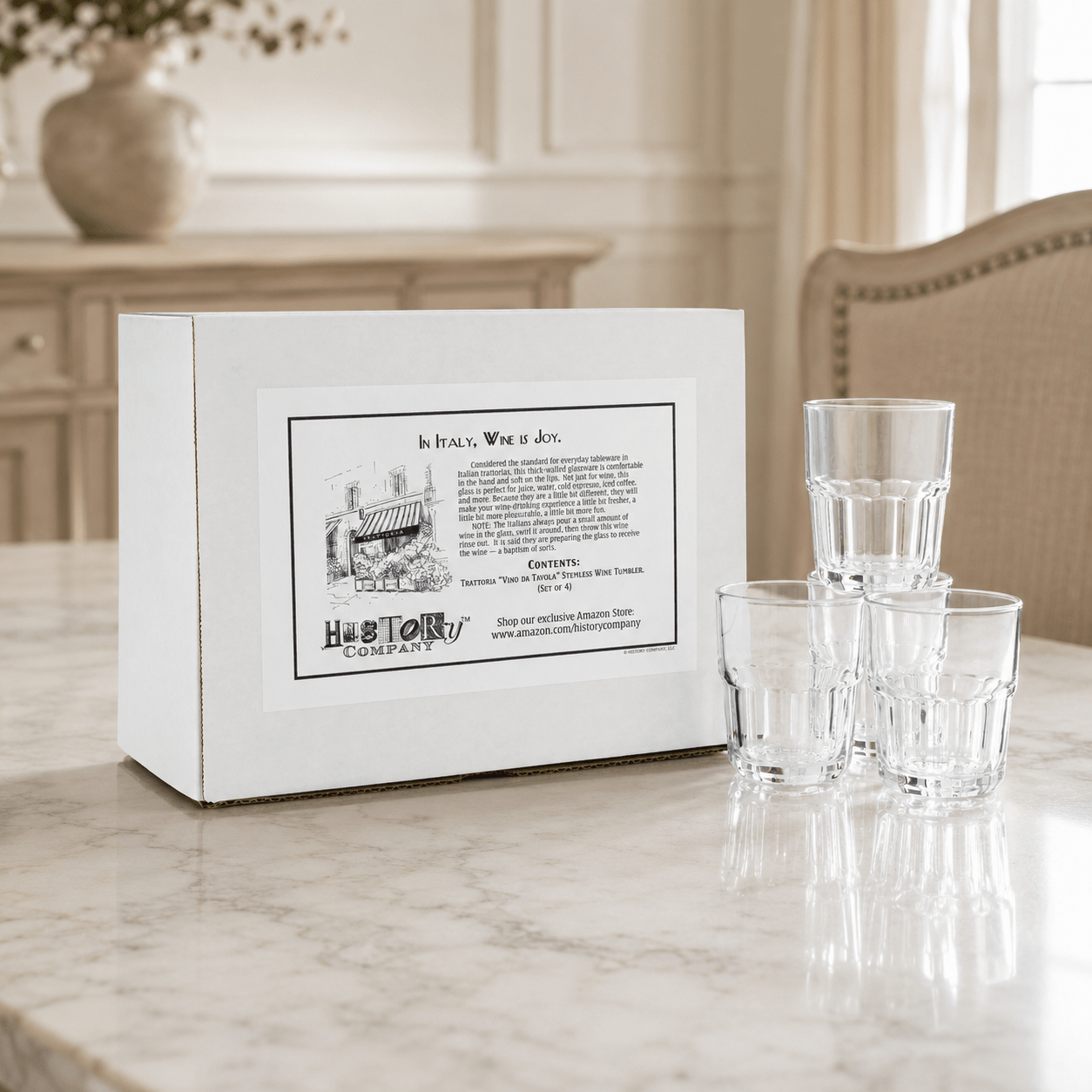 Trattoria - Style “Vino da Tavola” Stemless Wine Glass, 4 - Piece Stackable Set (Gift Box Collection) - HISTORY COMPANY