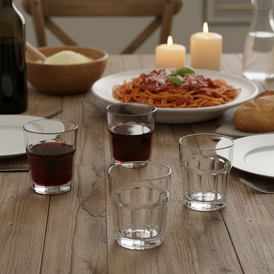 Italian stemless wine tumblers with red wine on rustic trattoria table