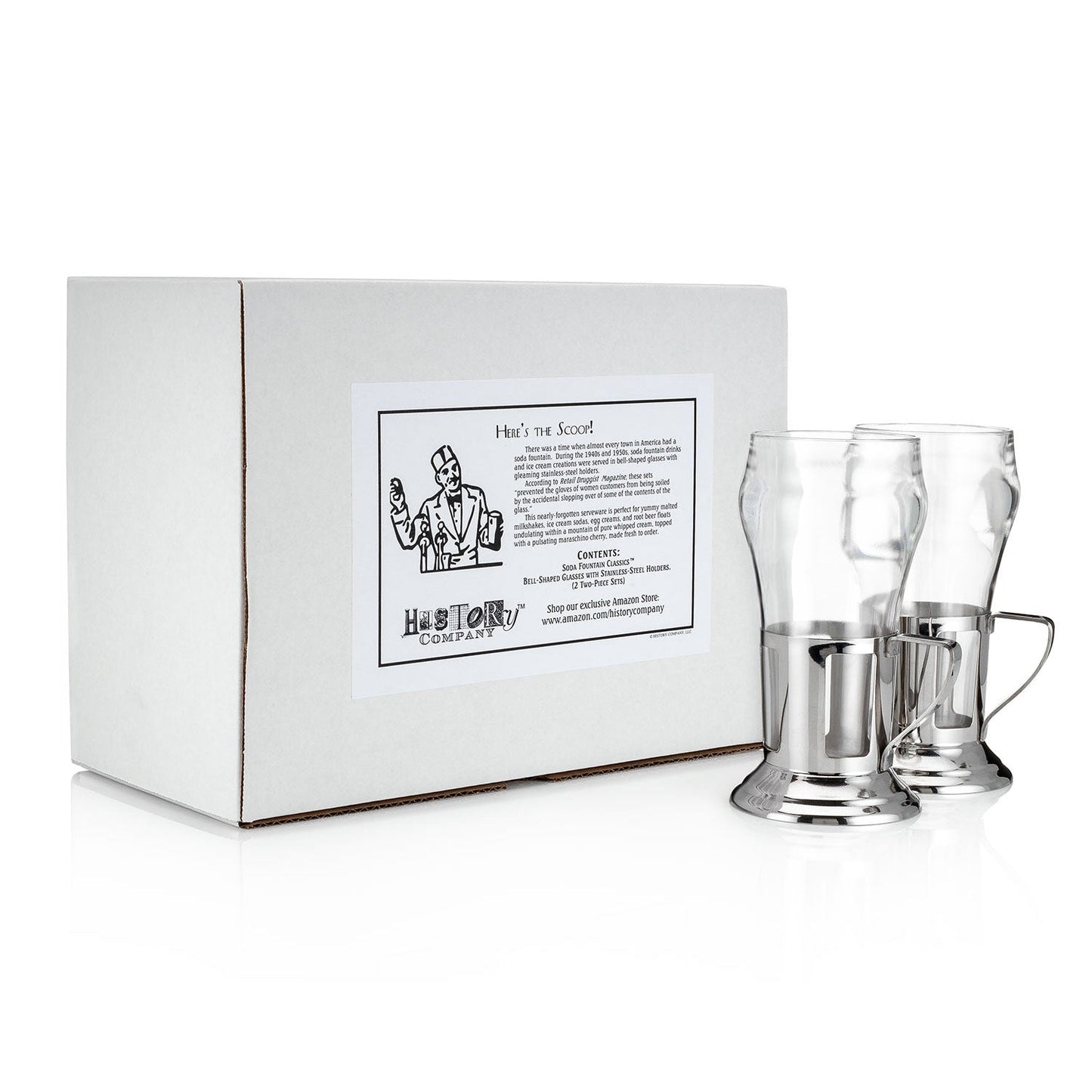 HISTORY COMPANY - Vintage soda fountain glass set with bell-shaped design and stainless steel holders for classic treats. (121)