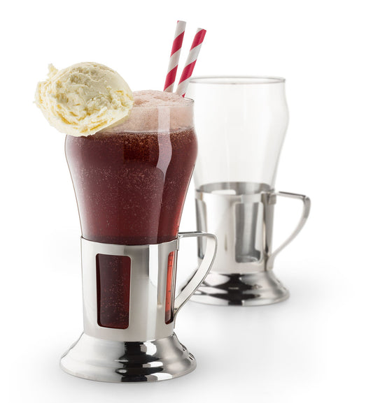 HISTORY COMPANY - 1950s-style soda fountain glasses with stainless steel handled holders for milkshakes, floats, and sodas. 