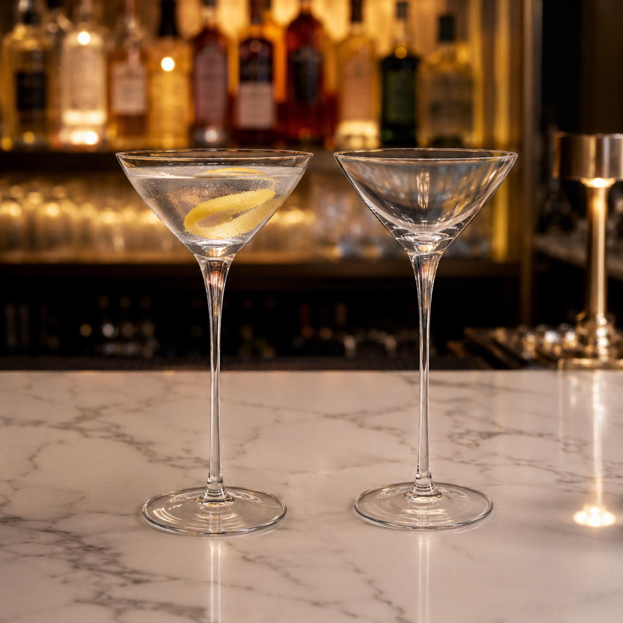 Small martini glass set with lemon twist cocktail on marble bar
