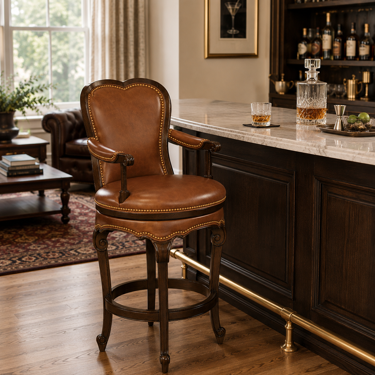 French-inspired Brasserie Swivel Bar Stool featuring a high upholstered leather back, polished wood, and elegant brass nailhead trim.